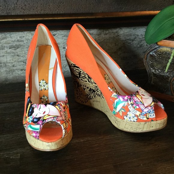 Ed Hardycasablanc Shoes - Ed Hardycasablanc orange print platform wedges Sz 8 1/2